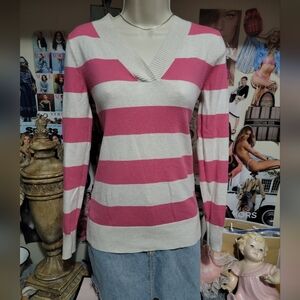 GAP V-Neck Pink and White Striped Sweater